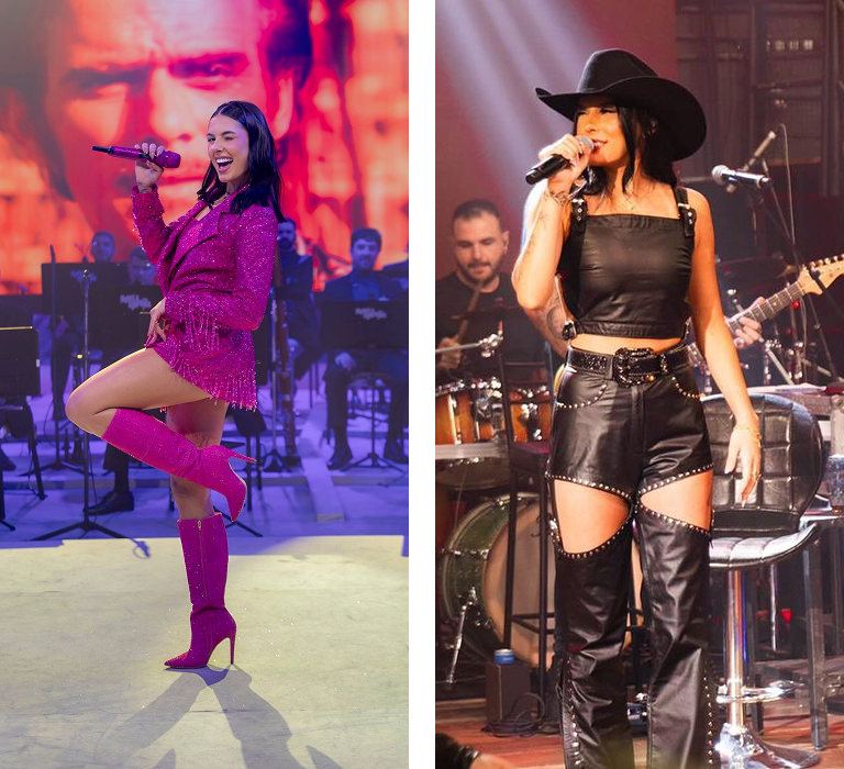 Duas imagens da cantora Ana Castela, no palco cantando, uma com roupas na cor rosa e outra com roupas pretas.